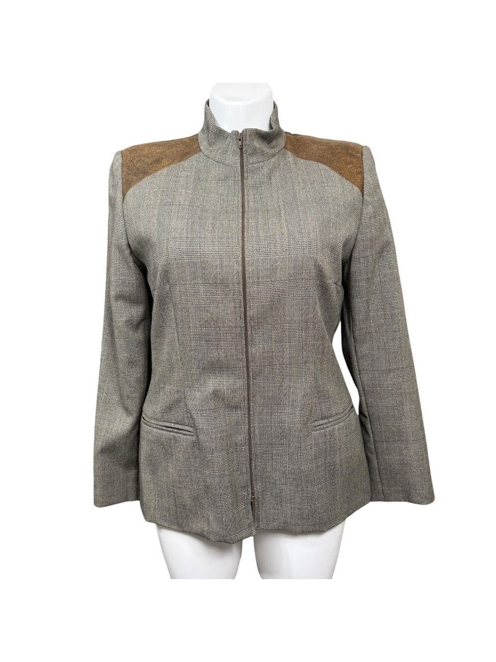 Harvé Benard Sport Wool Zip Front Jacket Blazer Brown Plaid Size 14
